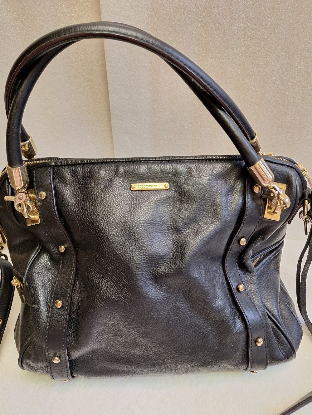 Rebecca Minkoff Cupid Satchel Black Pebbled Leather Gold Studded Bag VGUC - Picture 2 of 15